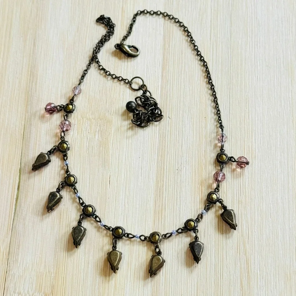 Regency style Necklace VTG Jeweled Crystal Rhinestone statement bronze lilac 90s